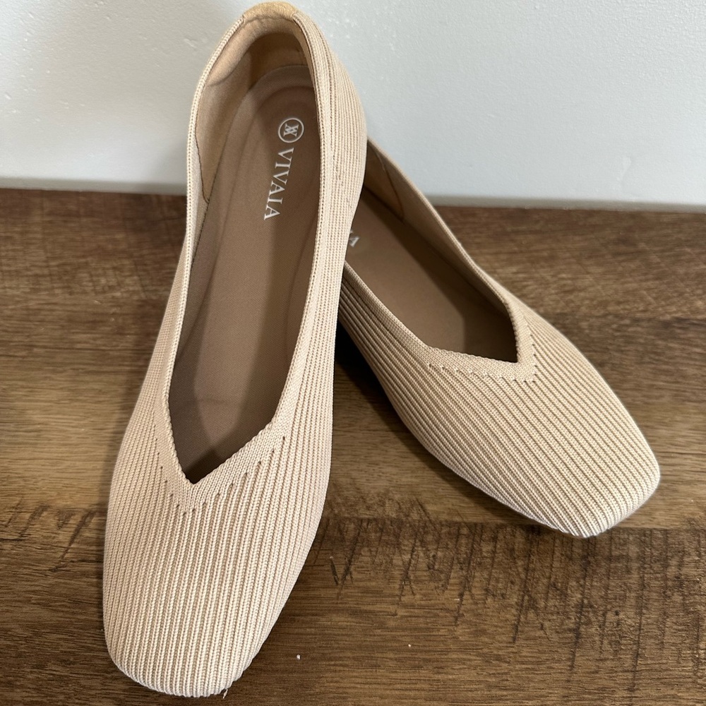Vivaia Margot Tan Almond color,  square toe V cut flat shoes Sz 36W